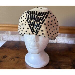 Vintage Adolfo Realities Cream Black Beaded Velvety Cloche Hat Geometric Design